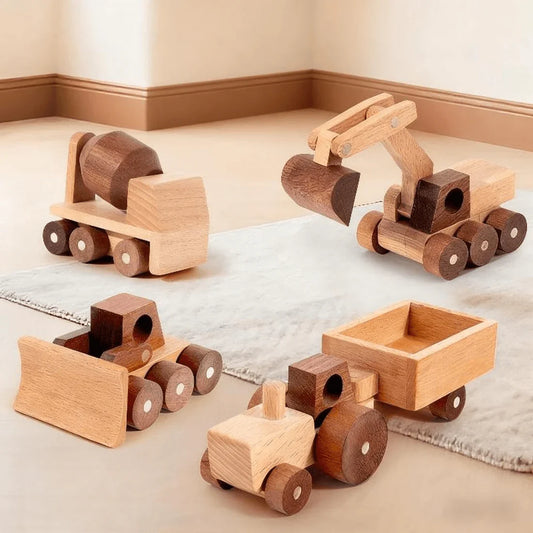 Wooden Construction Vehicle Toy Set for Toddlers – 4 Handmade Beech Wood Vehicles